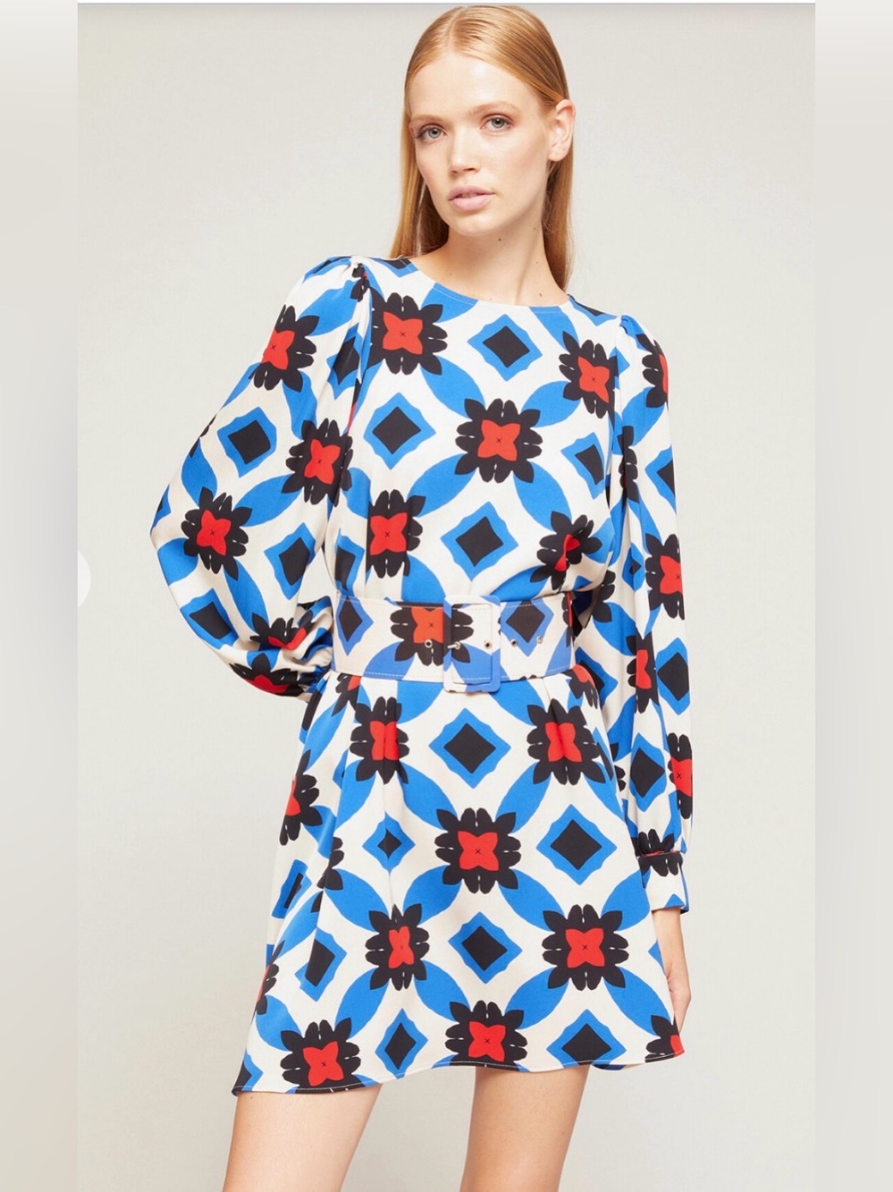 MOTIVI Geometric Floral Belted Mini Dress Blue Red Puff Sleeve XS
